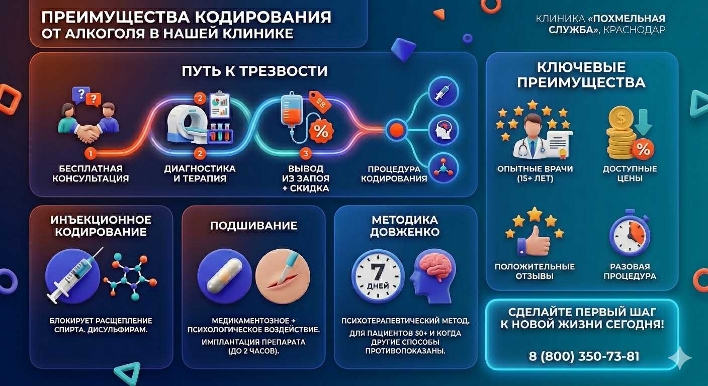 Инфографика о методах кодирования от алкоголя в Береговом: инъекции, подшивание, метод Довженко. Преимущества клиники и этапы лечения.