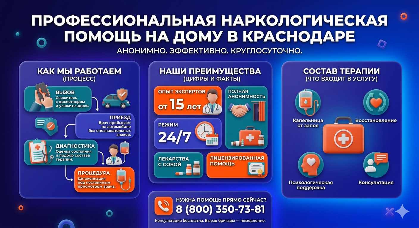 Инфографика о принципах лечения алкоголизма на дому в Береговом: этапы вызова нарколога, преимущества анонимной детоксикации и состав медицинской помощи.